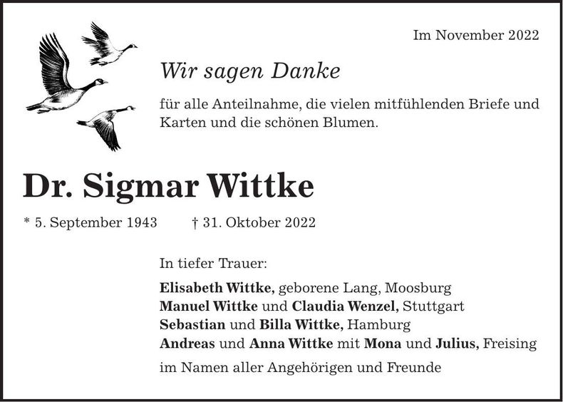 Traueranzeige Sigmar Dr. Wittke