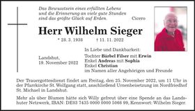 Traueranzeige Wilhelm Sieger