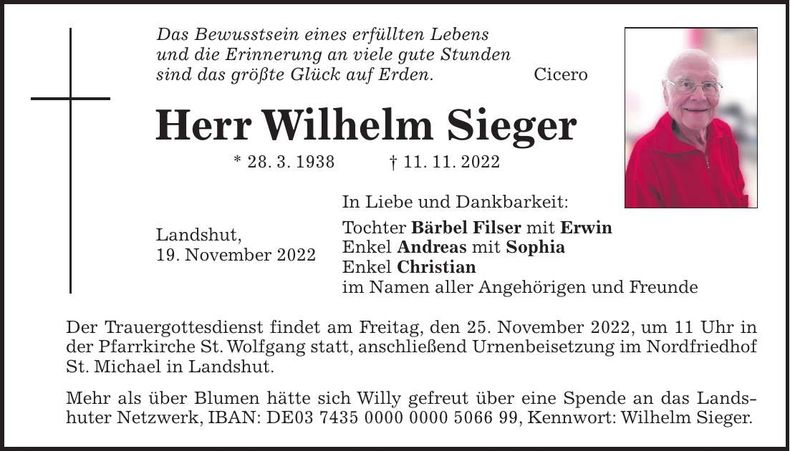 Traueranzeige Wilhelm Sieger