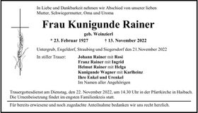 Traueranzeige Kunigunde Rainer