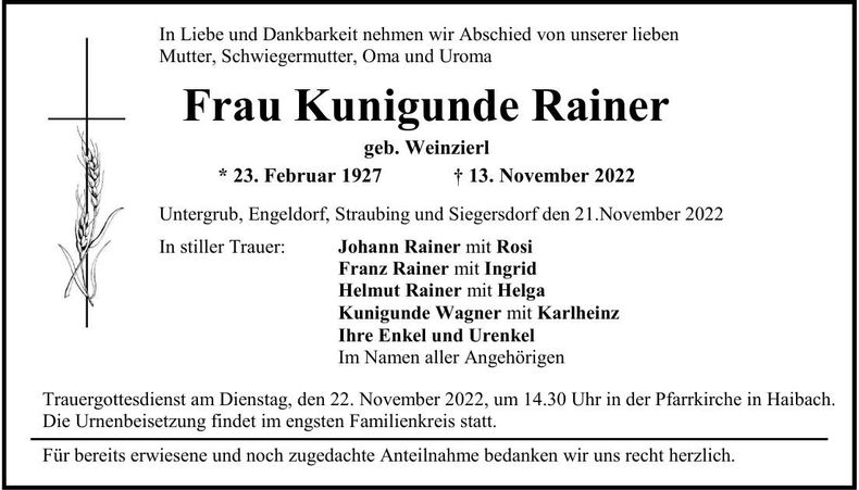 Traueranzeige Kunigunde Rainer