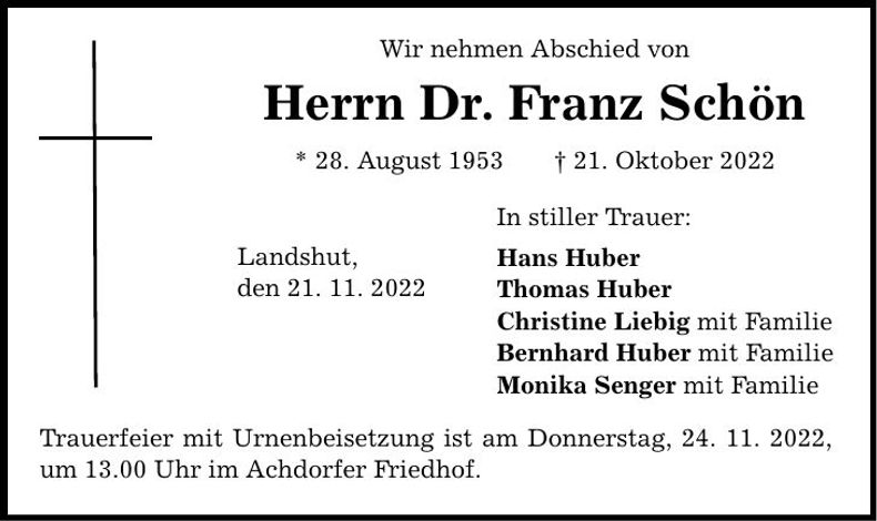 Traueranzeige Franz Schön