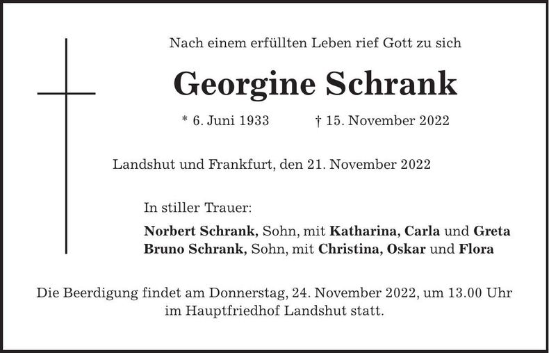 Traueranzeige Georgine Schrank