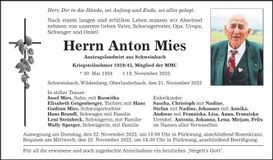 Traueranzeige Anton Mies