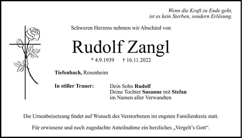 Traueranzeige Rudolf Zangl