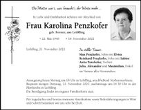 Traueranzeige Karolina Penzkofer