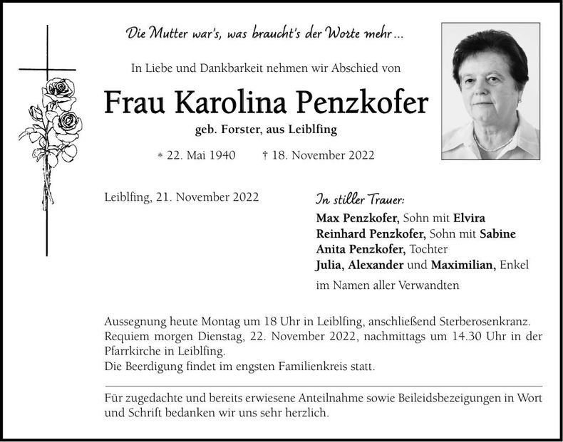 Traueranzeige Karolina Penzkofer