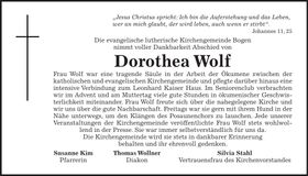 Traueranzeige Dorothea Wolf