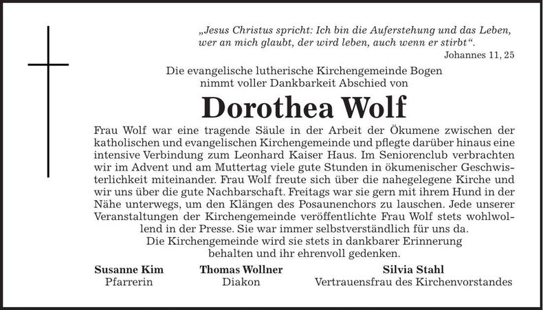 Traueranzeige Dorothea Wolf