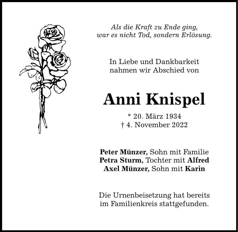 Traueranzeige Anni Knispel