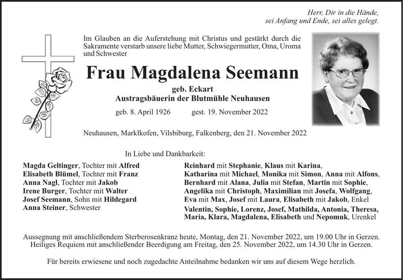 Traueranzeige Magdalena Seemann