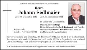 Traueranzeige Johann Sedlmaier