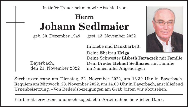 Traueranzeige Johann Sedlmaier