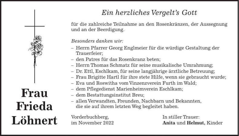 Traueranzeige Frieda Löhnert