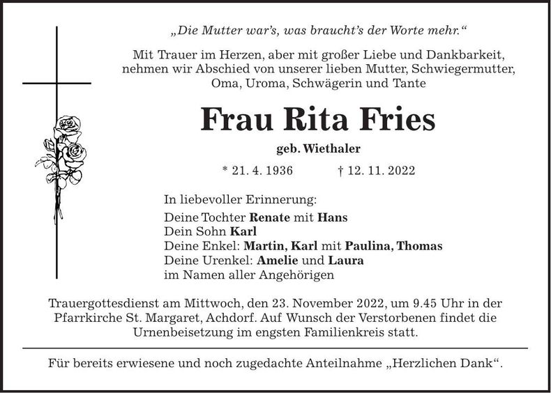 Traueranzeige Rita Fries