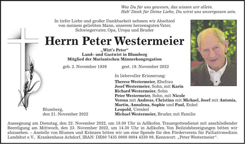 Traueranzeige Peter Westermeier
