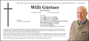 Traueranzeige Willi Gürtner