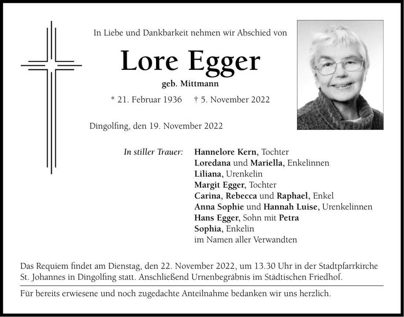 Traueranzeige Lore Egger