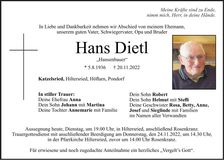 Traueranzeige Hans Dietl