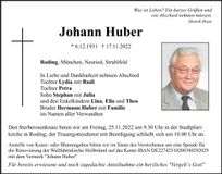Traueranzeige Johann Huber
