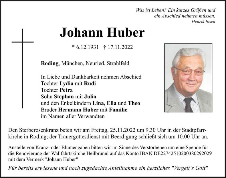 Traueranzeige Johann Huber