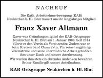 Traueranzeige Franz Xaver Altmann