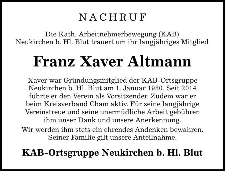 Traueranzeige Franz Xaver Altmann