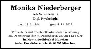 Traueranzeige Monika Niederberger