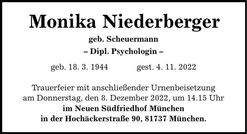 Traueranzeige Monika Niederberger
