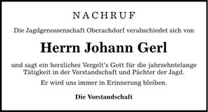 Traueranzeige Johann Gerl