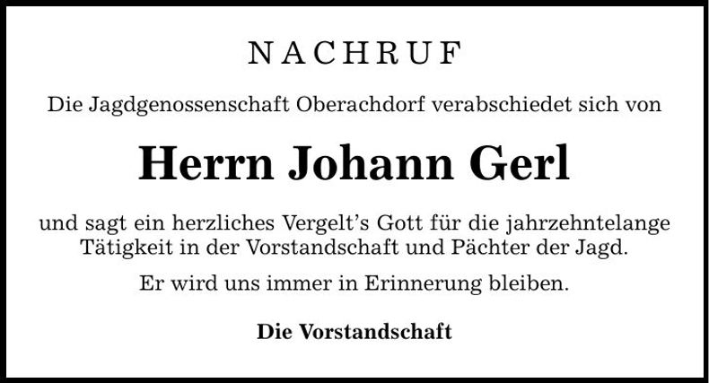 Traueranzeige Johann Gerl