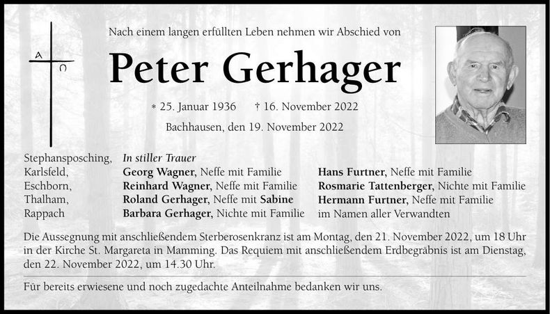 Traueranzeige Peter Gerhager