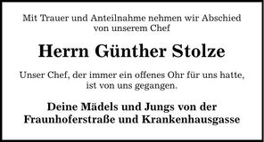 Traueranzeige Günther Stolze