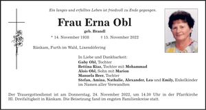 Traueranzeige Erna Obl