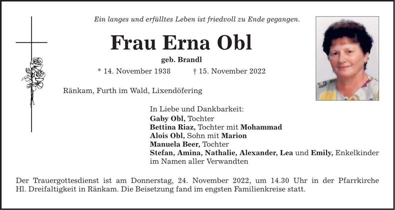 Traueranzeige Erna Obl