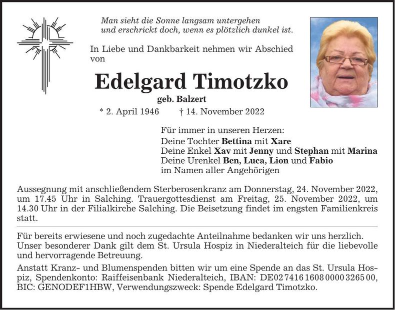 Traueranzeige Edelgard Timotzko