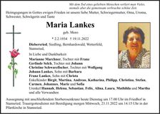 Traueranzeige Maria Lankes