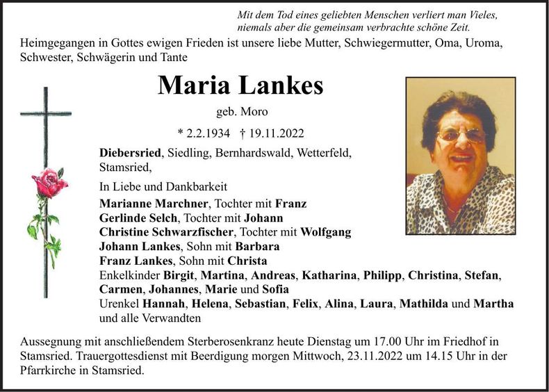Traueranzeige Maria Lankes