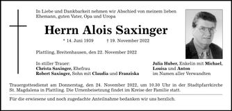 Traueranzeige Alois Saxinger