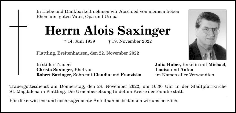 Traueranzeige Alois Saxinger