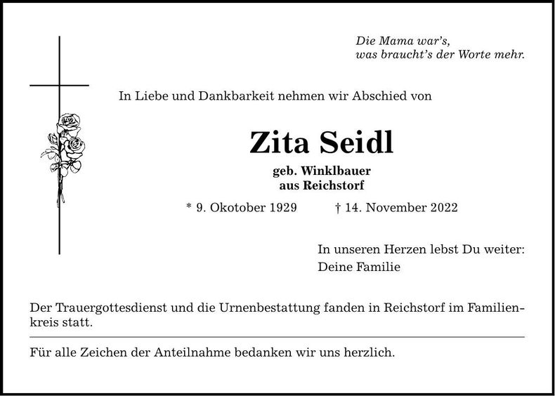 Traueranzeige Zita Seidl