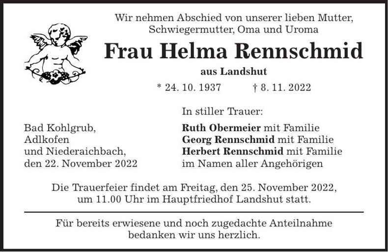Traueranzeige Helma Rennschmid