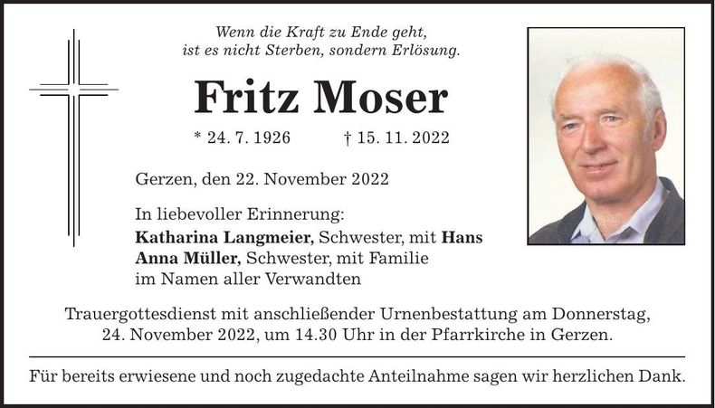 Traueranzeige Fritz Moser