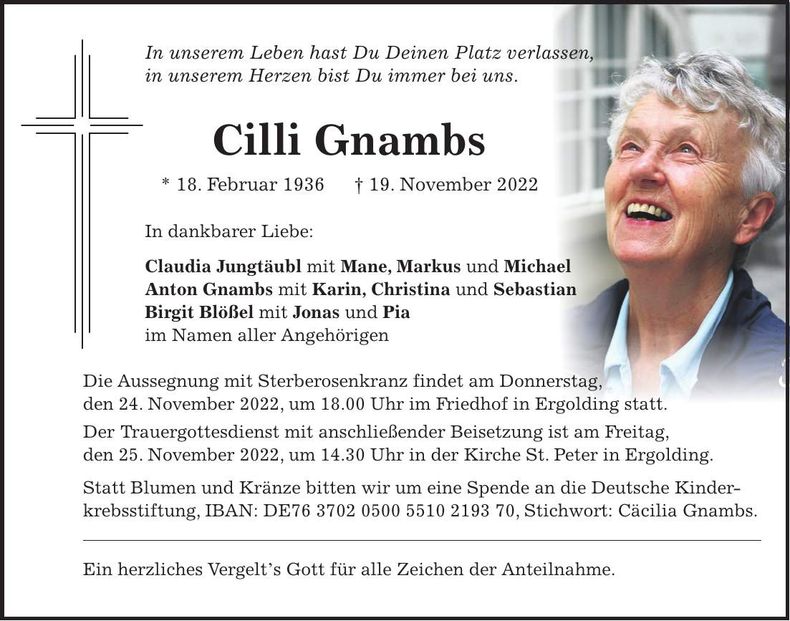 Traueranzeige Cilli Gnambs