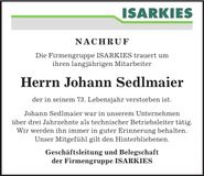 Traueranzeige Johann Sedlmaier