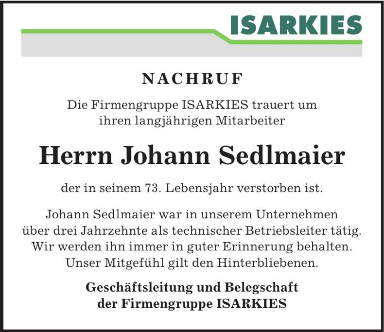 Traueranzeige Johann Sedlmaier