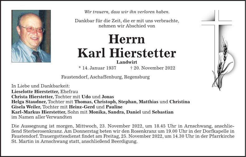 Traueranzeige Karl Hierstetter