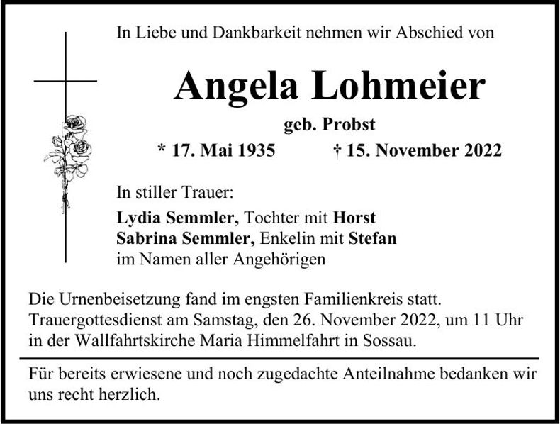 Traueranzeige Angela Lohmeier