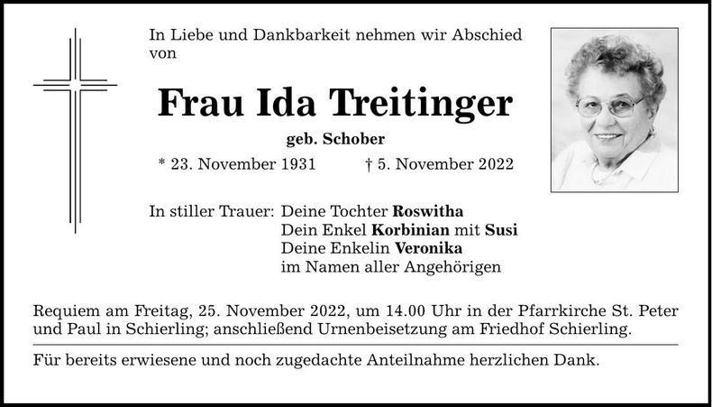 Traueranzeige Ida Treitinger