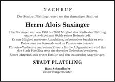 Traueranzeige Alois Saxinger